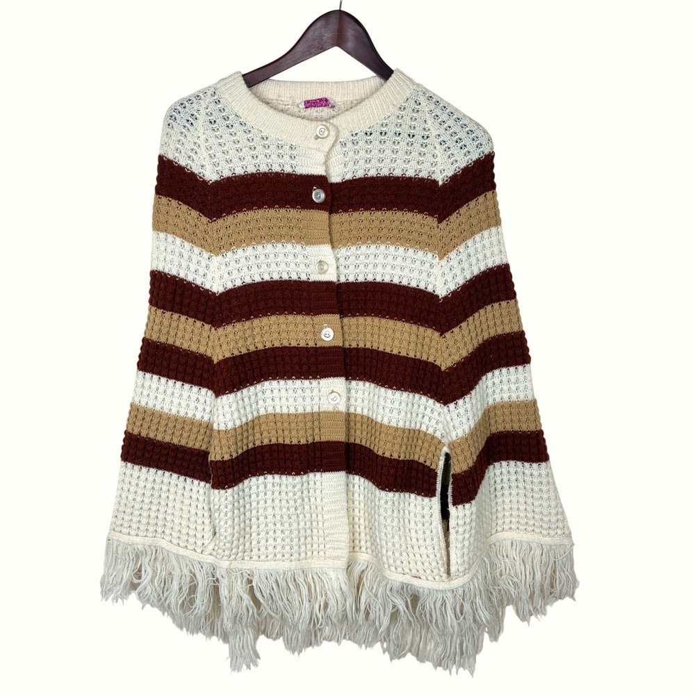 70's Vintage Poncho Sz M Boho Fringe Shawl Festival Crochet Granny Indie Grunge